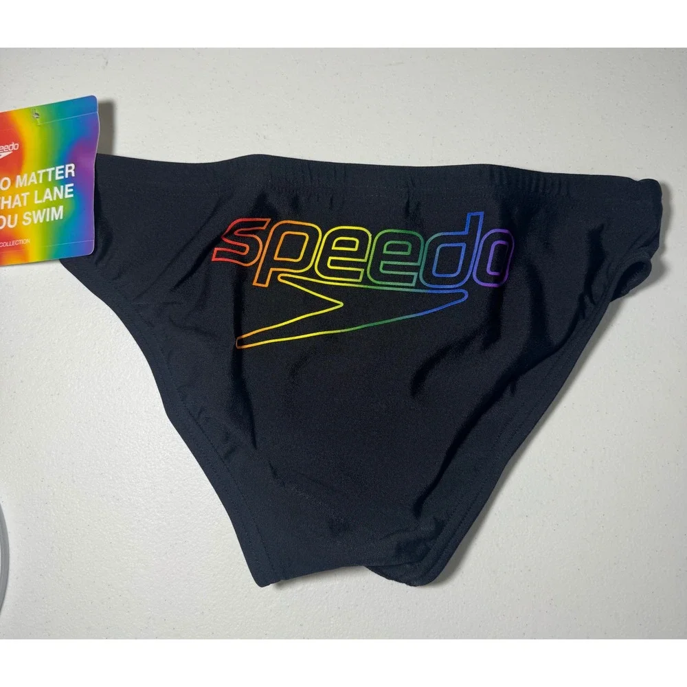 Speedo Mens Pride PowerFLEX Eco Swim Brief Black Rainbow Logo Size 30 NWT